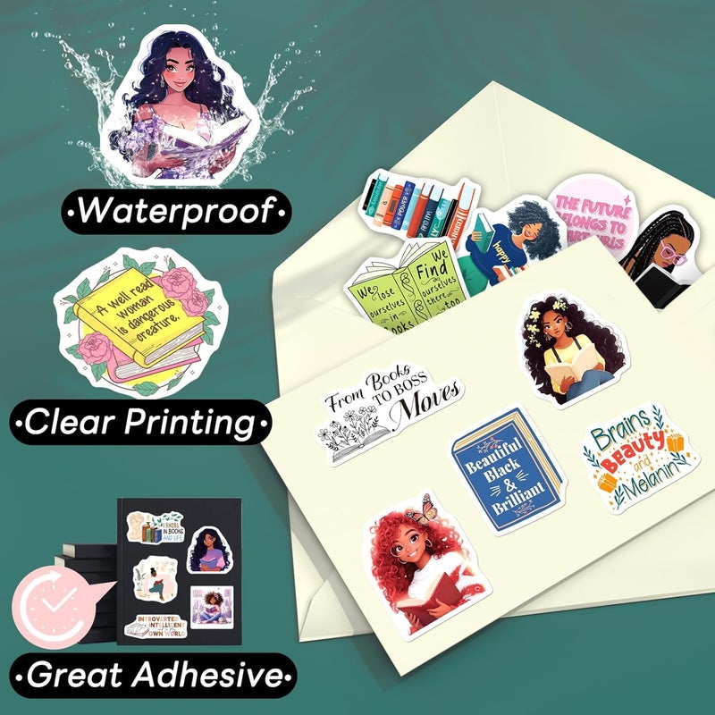 WAKEMOODEI 200PCS Black Girl Bookish Stickers, Black Woman Book Stickers Bookworm Reading Stickers for Laptop Vision Board Journal Water Bottle Book Lover Gifts - Image 3