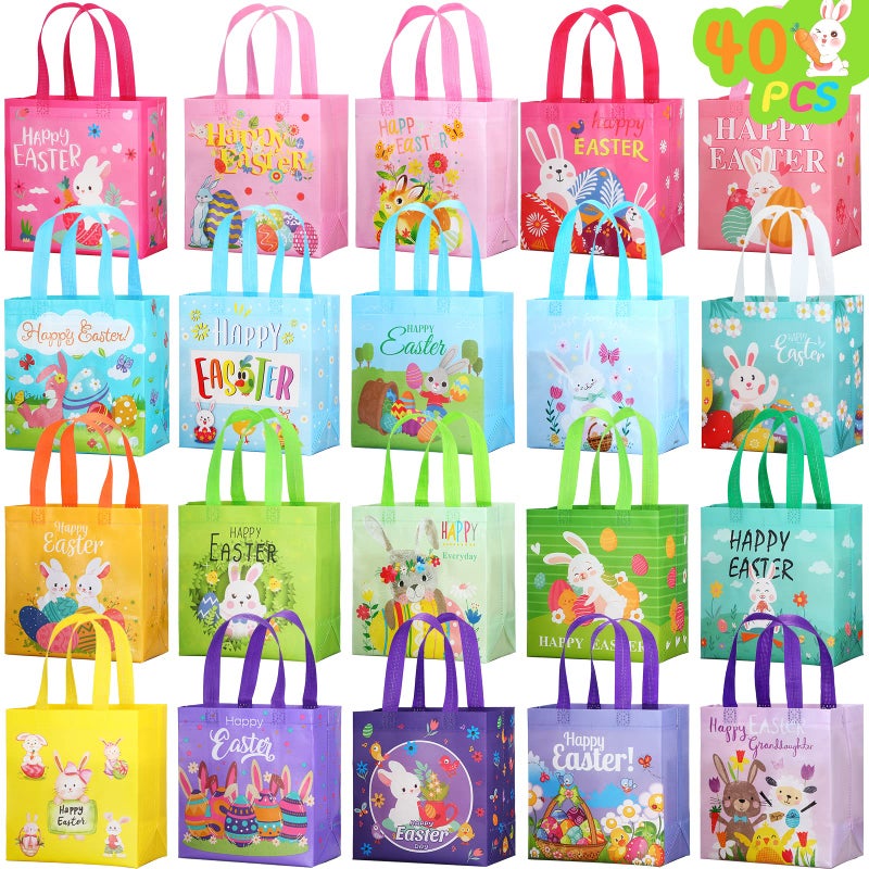Tudomro 40 Pieces Easter Tote Bags with Handles Bunny Non Woven Bags Reusable Easter Grocery Shopping Bag Kitchen - Image 1