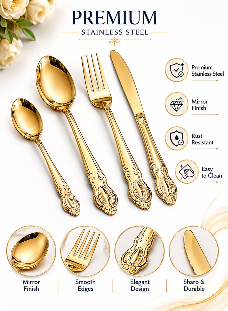 Aanya Homecraft Luxury Gold Plated Stainless Steel Flatware Set – 16 Piece Premium Cutlery Collection with Spoons, Forks & Knives, Silver-Gold Dining Set (MI-114F-16) - Image 3