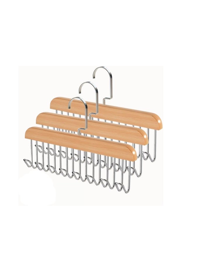 3-Pack Wooden Multi-Hook Hangers for Closet Organizer – Anti-Slip, 360° Rotating U-Shape Hooks, Sturdy and Space-Saving Storage for Belts, Ties, Vests, Bras, Underwear, Hats, and Scarves - Image 1