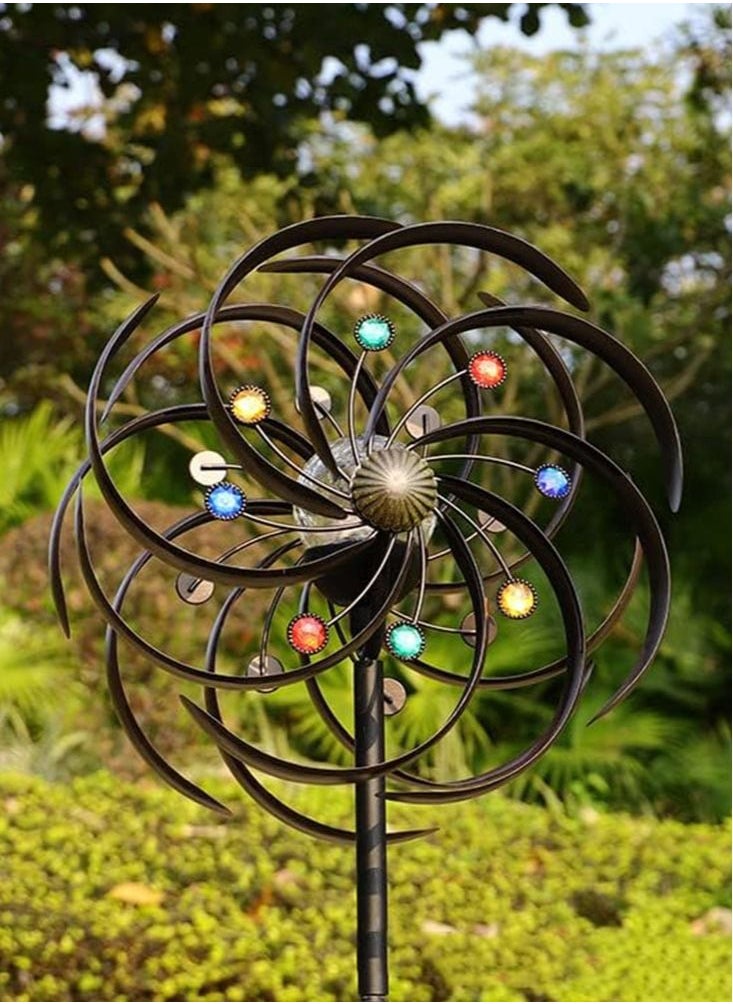Wind Spinner Solar Powered Kinetic Garden Stake with Colorful Metal Windmill, Dual Direction Wind Catcher & 360° Swivel