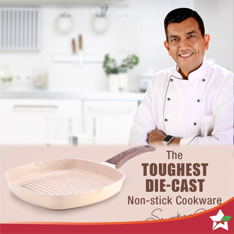 Wonderchef Duralife Die-cast 24 cm Grill Pan | 5 Layer Healthy Duramax Non-Stick Coating | Soft Touch Handle | Pure Grade Aluminium | PFOA Free | 1.5 liters | 2 Year Warranty Ivory - Image 2