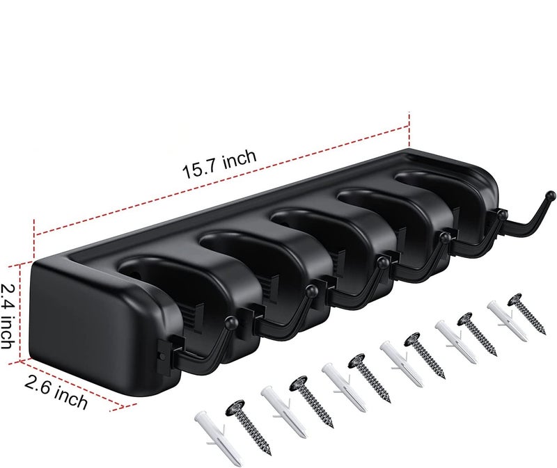 Zeinwap Plastic Mop And Broom Holder | Heavy Duty Broom Holder | Mop Organizer For Home Garden Garage And Storage | Wall Mounted, 5 Positions With 6 Hooks, Black - Image 2