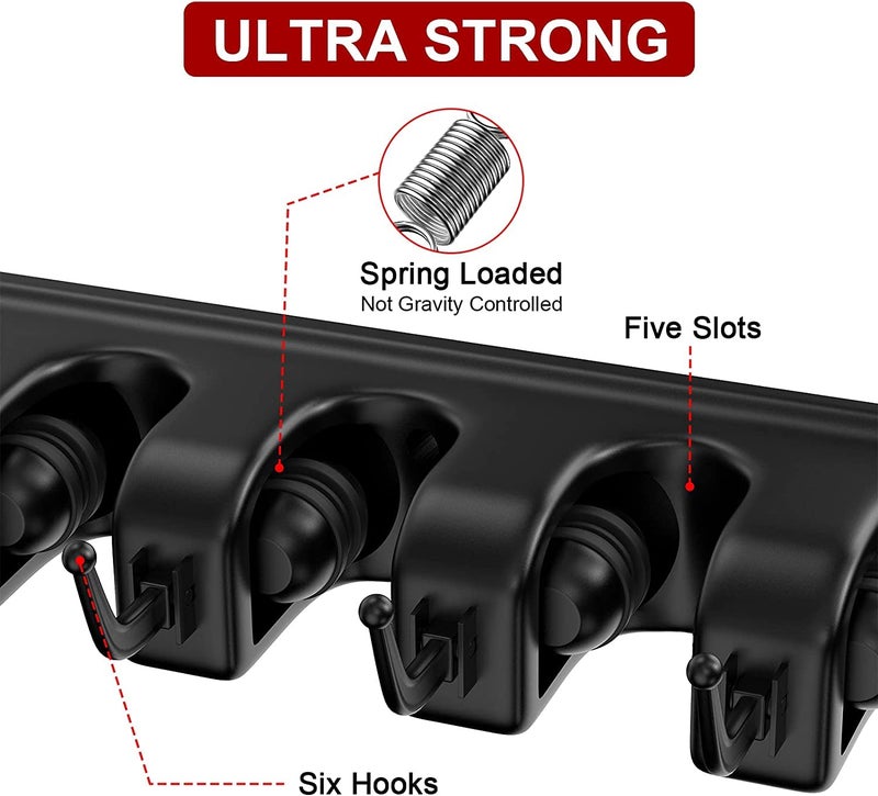 Zeinwap Plastic Mop And Broom Holder | Heavy Duty Broom Holder | Mop Organizer For Home Garden Garage And Storage | Wall Mounted, 5 Positions With 6 Hooks, Black - Image 4