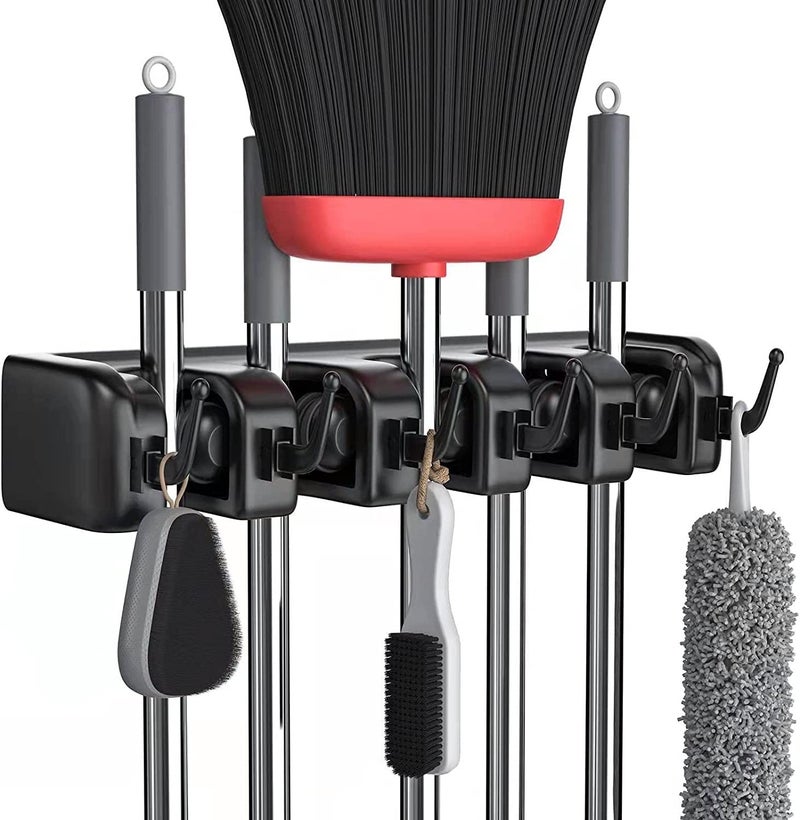 Zeinwap Plastic Mop And Broom Holder | Heavy Duty Broom Holder | Mop Organizer For Home Garden Garage And Storage | Wall Mounted, 5 Positions With 6 Hooks, Black - Image 1