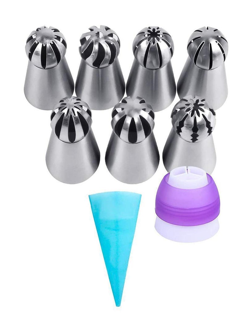 Cake Decorating Tips Kit,  7 Nozzles Flower Frosting Icing Tips Russian Ball Piping Tips, 1 Reusable Silicone Bag,1 Couplers, Set of 9 - Image 1