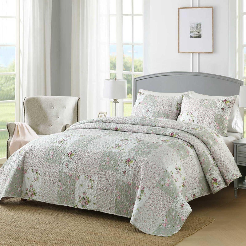 Boryard Full Queen Size Quilt Set, 3-Piece Lightweight Soft Full Size Quilt Patchwork Bedspread Coverlet (90x90 inches) Bedding Set with 2 Pillow Shams, Gray Green Plaid Floral Print - Image 3