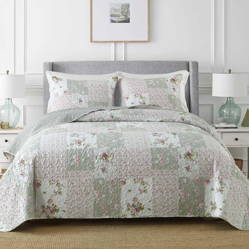 Boryard Full Queen Size Quilt Set, 3-Piece Lightweight Soft Full Size Quilt Patchwork Bedspread Coverlet (90x90 inches) Bedding Set with 2 Pillow Shams, Gray Green Plaid Floral Print - Image 2