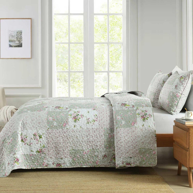 Boryard Full Queen Size Quilt Set, 3-Piece Lightweight Soft Full Size Quilt Patchwork Bedspread Coverlet (90x90 inches) Bedding Set with 2 Pillow Shams, Gray Green Plaid Floral Print - Image 4