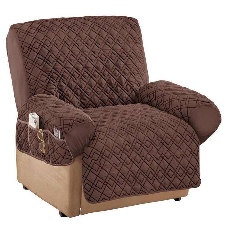 Collections Etc Diamond-Shape Quilted Stretch Recliner Cover with Storage Pockets and Elastic Straps - Furniture Protector, Chocolate, Recliner - Image 1