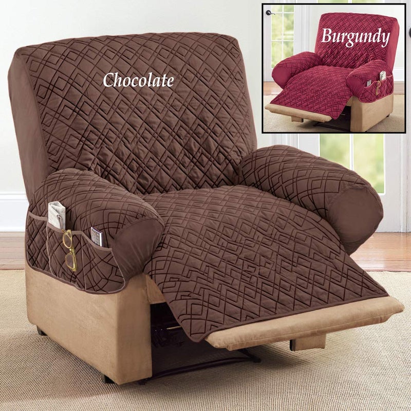 Collections Etc Diamond-Shape Quilted Stretch Recliner Cover with Storage Pockets and Elastic Straps - Furniture Protector, Chocolate, Recliner - Image 3