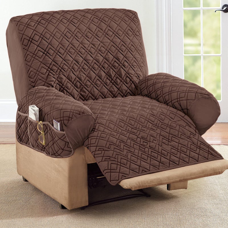Collections Etc Diamond-Shape Quilted Stretch Recliner Cover with Storage Pockets and Elastic Straps - Furniture Protector, Chocolate, Recliner - Image 2