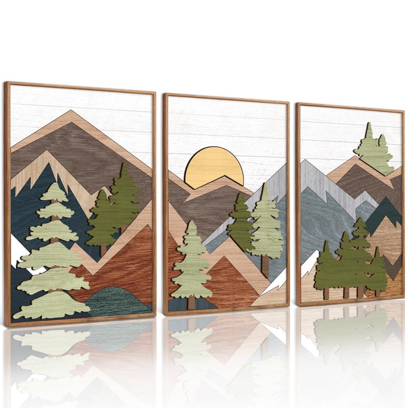 TOARTi Framed Wood Panel Mountain Forest Landscape Wall Decor (16"x24"), Vintage Nature Wilderness Woodland Wall Art, Mid Century Modern Sunrise Wooden Cut Decor for Farmhouse Bedroom Living Room - Image 1