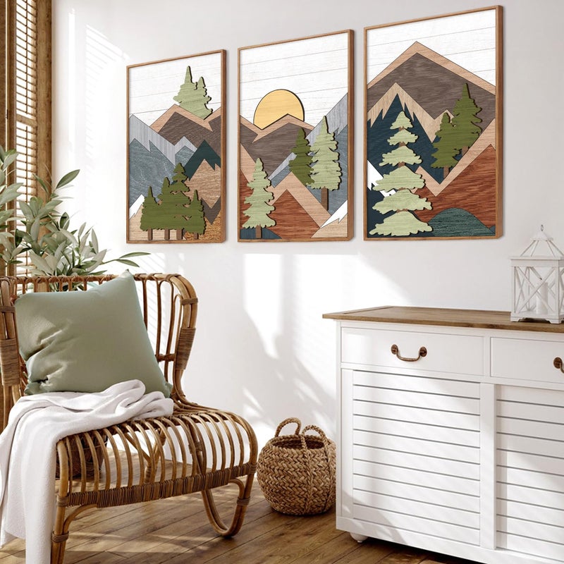 TOARTi Framed Wood Panel Mountain Forest Landscape Wall Decor (16"x24"), Vintage Nature Wilderness Woodland Wall Art, Mid Century Modern Sunrise Wooden Cut Decor for Farmhouse Bedroom Living Room - Image 5