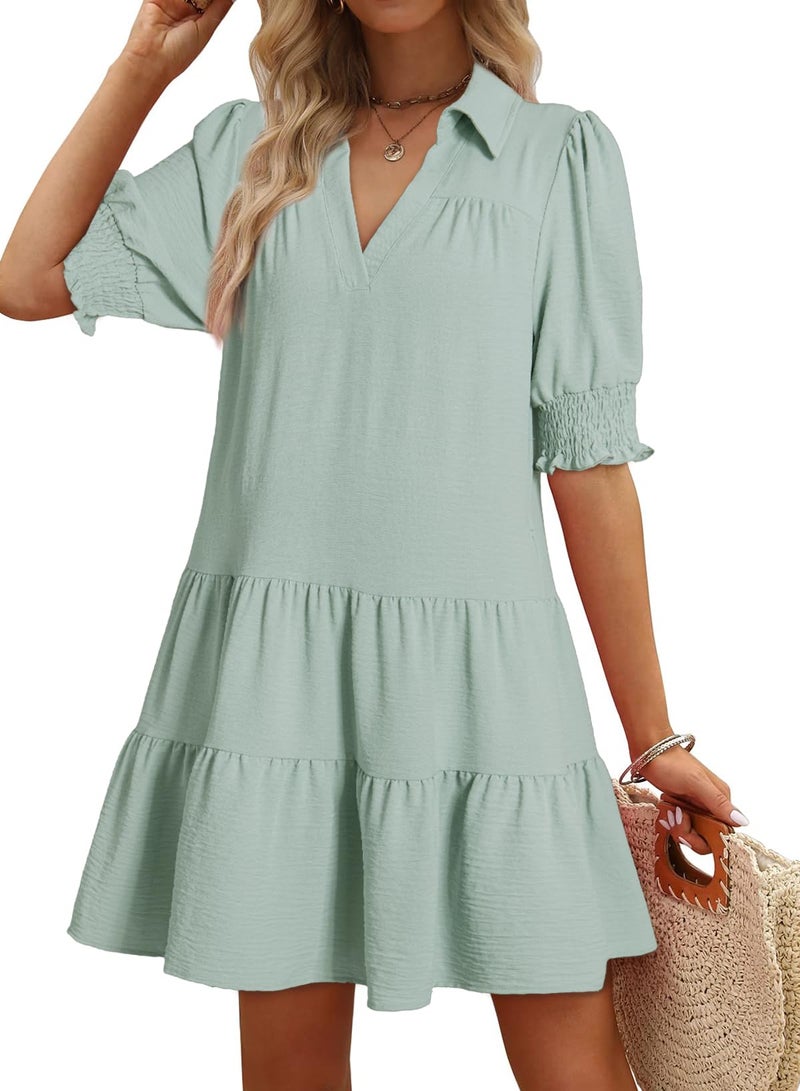 Dokotoo Dresses for Women Short Sleeve Lapel Collared V Neck Mini Dress 2026 Summer Trendy Casual Boho Sundress Pleated Womens Fashion Wedding Guest Dress with Pockets Light Green - Image 1