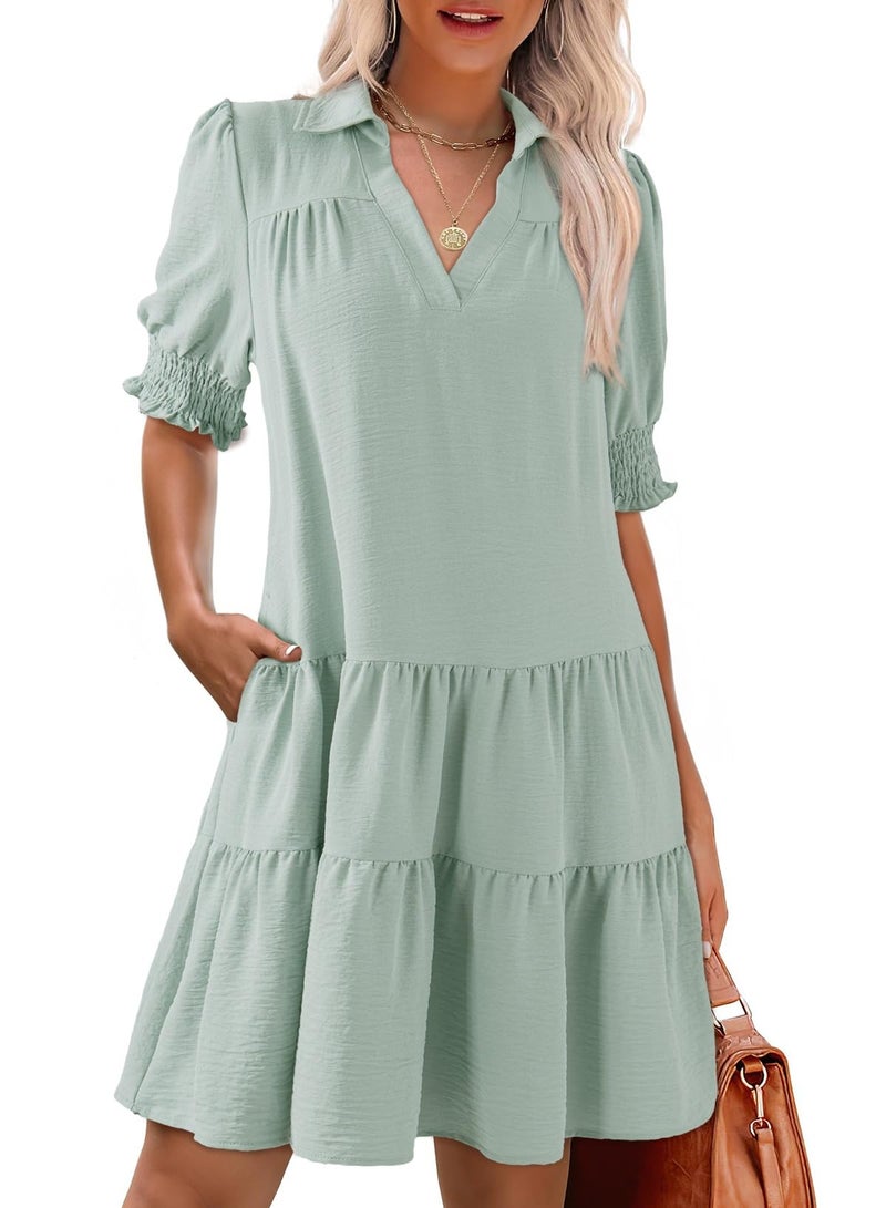 Dokotoo Dresses for Women Short Sleeve Lapel Collared V Neck Mini Dress 2026 Summer Trendy Casual Boho Sundress Pleated Womens Fashion Wedding Guest Dress with Pockets Light Green - Image 2