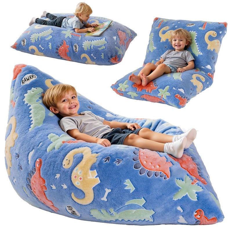 BRINJOY Kids Bean Bag Chair Bed, 3 in 1 Memory Foam Filled Bean Bag Sofa with Removable Cover for Playroom Daycare Bedroom, Toddlers Lazy Floor Mattress Lounger for Boys Girls, Glowing Dinosaur - Image 1