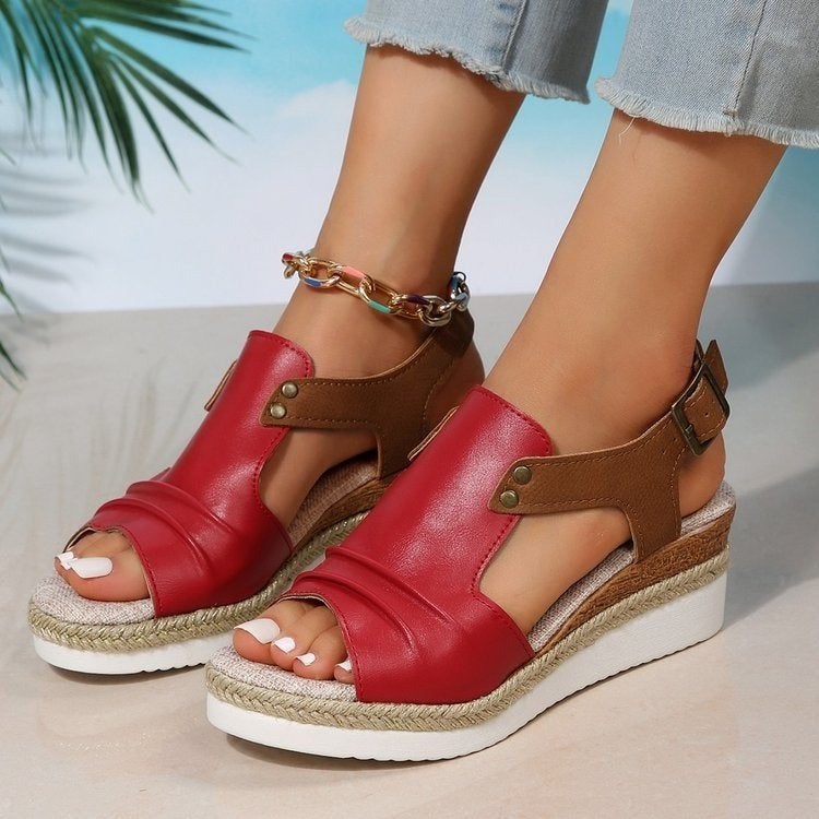 Straw High Heel Sandals Women'S Large Size Thick Bottom Fish Toe Roman Shoes Women'S High Heel Sandals With Straw Buckle - Image 1