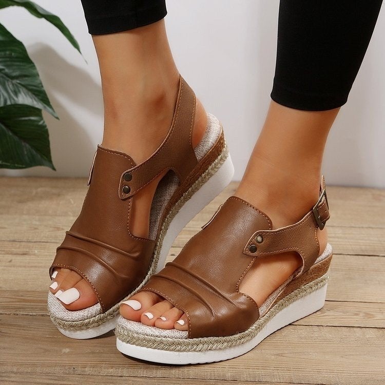 Straw High Heel Sandals Women'S Large Size Thick Bottom Fish Toe Roman Shoes Women'S High Heel Sandals With Straw Buckle - Image 2