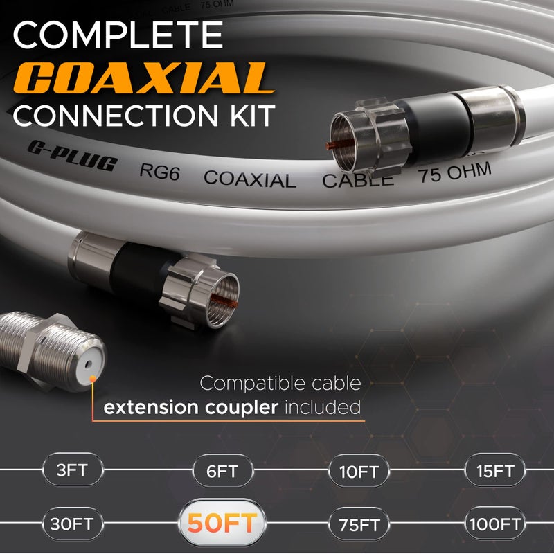 G-PLUG 50FT RG6 Coaxial Cable Connectors Set - High-Speed Internet, Broadband and Digital TV Aerial, Satellite Sky Cable Extension- Weather-Sealed Double Rubber O-Ring and Compression Connectors White - Image 2