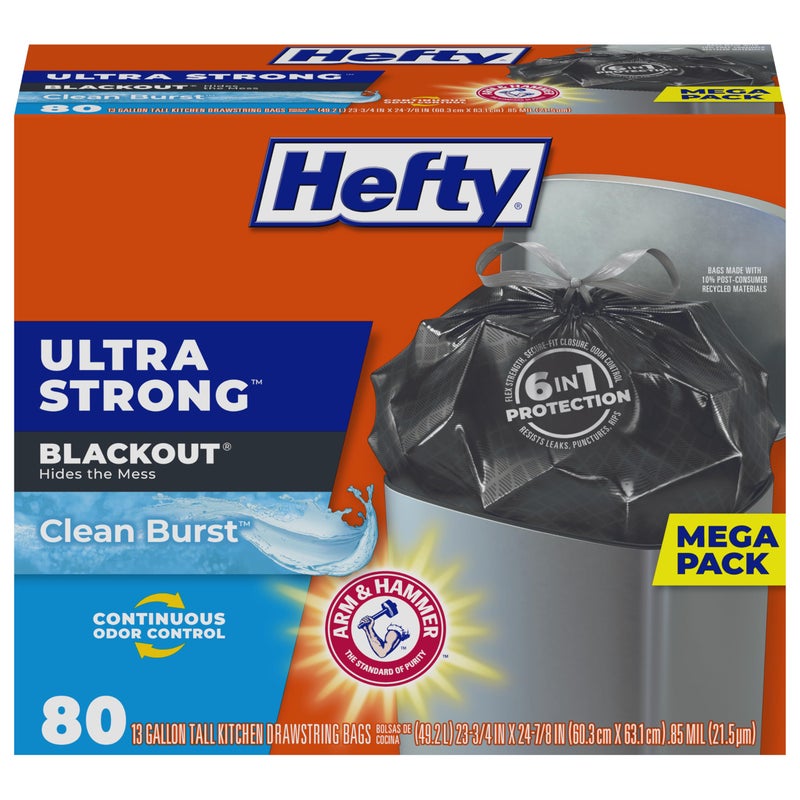 Hefty Ultra Strong 13 Gallon Trash Bags Black Tall Kitchen Trash Bags 13 Gallon Size Break Resistant Drawstring Enclosure Continuous Odor Control Blackout Clean Burst Scent 80 Bags
