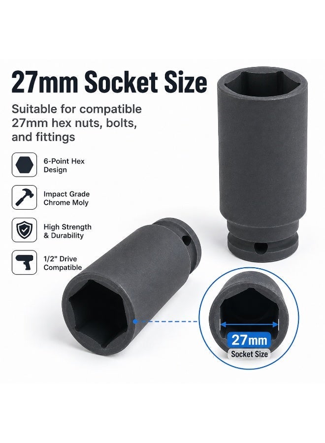 27mm Deep Impact Socket, 1/2 Inch Square Drive, Long Cr-Mo 6 Point Socket for Impact Wrench, Ratchet, Garage and Automotive Repair - Image 2