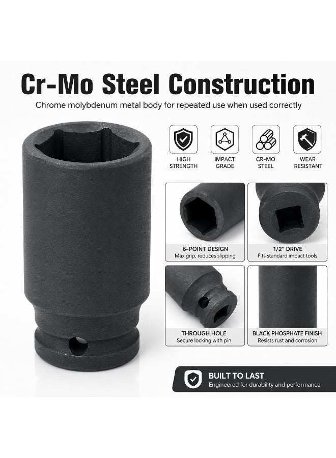 27mm Deep Impact Socket, 1/2 Inch Square Drive, Long Cr-Mo 6 Point Socket for Impact Wrench, Ratchet, Garage and Automotive Repair - Image 4