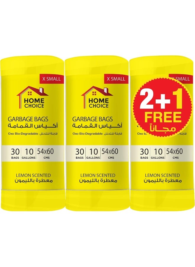 HOME CHOICE 10 Gallons Scented-LEMON, Pack of 90 Trash Bags (30 Trash Bags X 3 Scented Rolls), Bio-degradable Garbage Bags Roll, Size 54*60 cm, Bin Liners  - Image 1