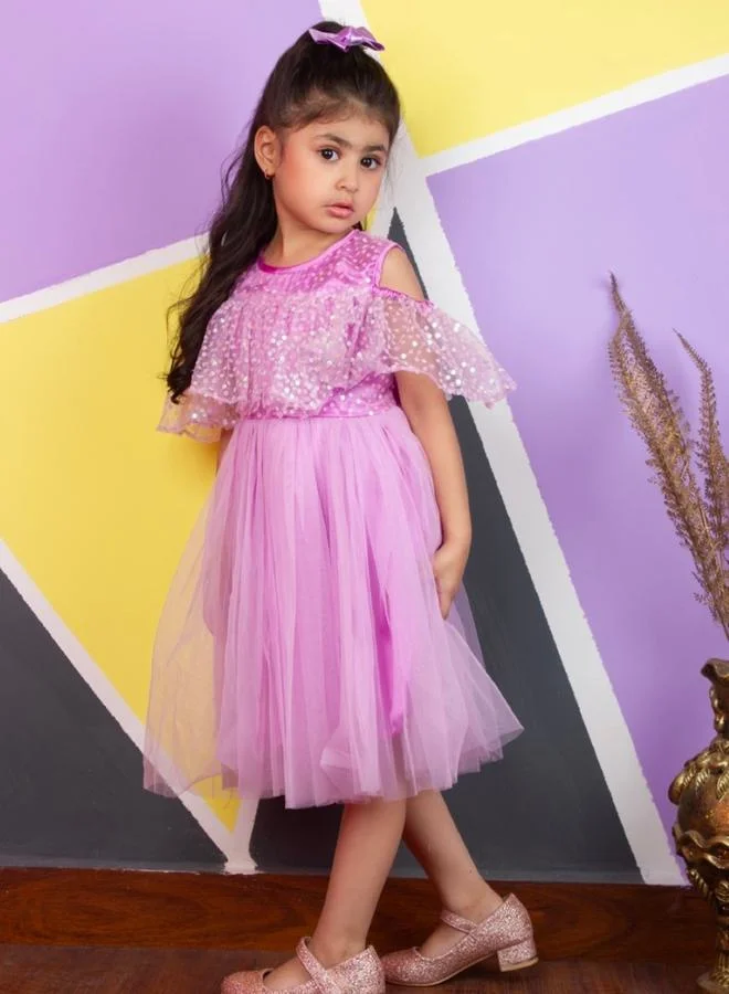BELLA MODA Sequin Detail Cold Shoulder Sleeves Mesh Skater Dress by Styli