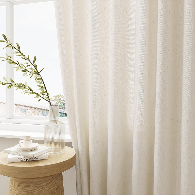 DUKIYO Pinch Pleated 105 Inch Linen Curtains with Hooks Rings Back Tab for Living Dining Room Farmhouse Light Filtering Semi Sheer Custom Memory Shape Pinch Pleat 105 Inch Drapes Sand Beige 1 Panel - Image 5