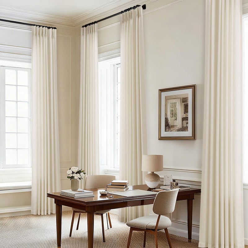 DUKIYO Pinch Pleated 105 Inch Linen Curtains with Hooks Rings Back Tab for Living Dining Room Farmhouse Light Filtering Semi Sheer Custom Memory Shape Pinch Pleat 105 Inch Drapes Sand Beige 1 Panel - Image 1