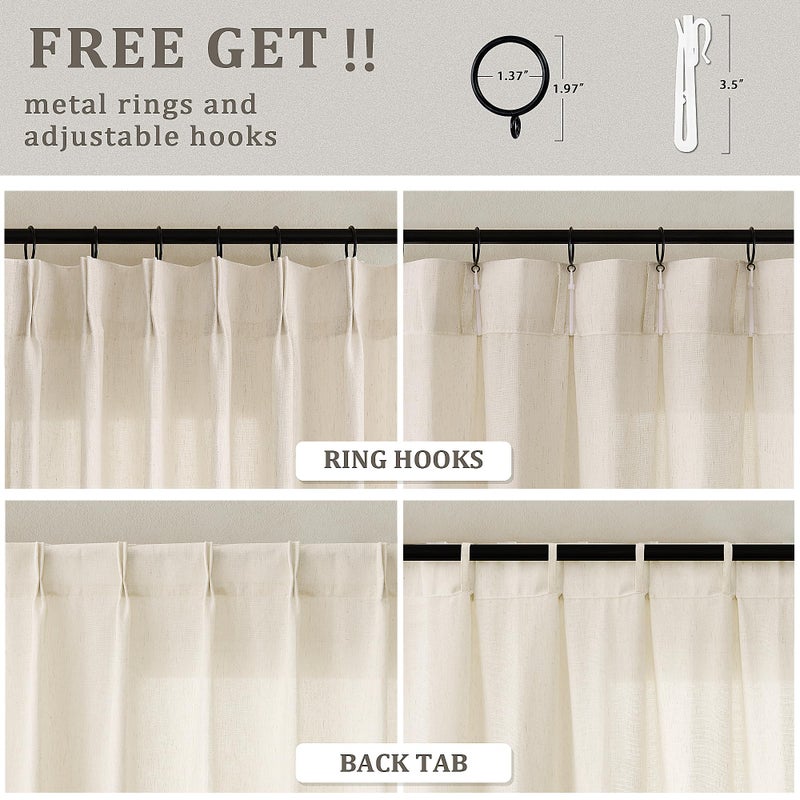DUKIYO Pinch Pleated 105 Inch Linen Curtains with Hooks Rings Back Tab for Living Dining Room Farmhouse Light Filtering Semi Sheer Custom Memory Shape Pinch Pleat 105 Inch Drapes Sand Beige 1 Panel - Image 3