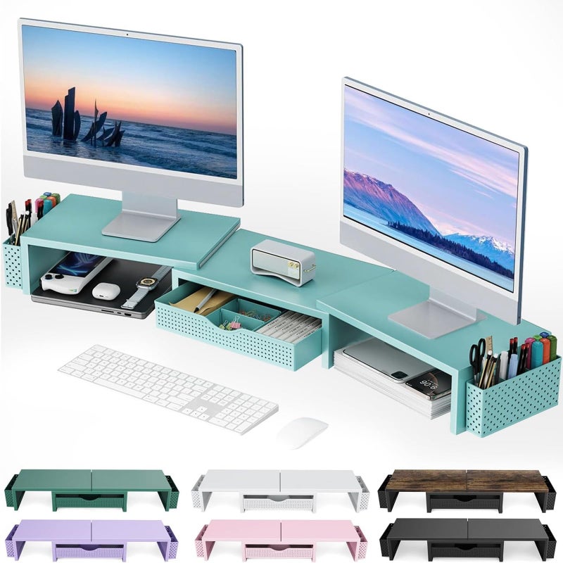 gianotter Dual Monitor Stand Riser, Desk Organizer With Drawer and 2 Pen Holders, Monitor Stand for Desk, Office Decor Essentials (Blue) - Image 1