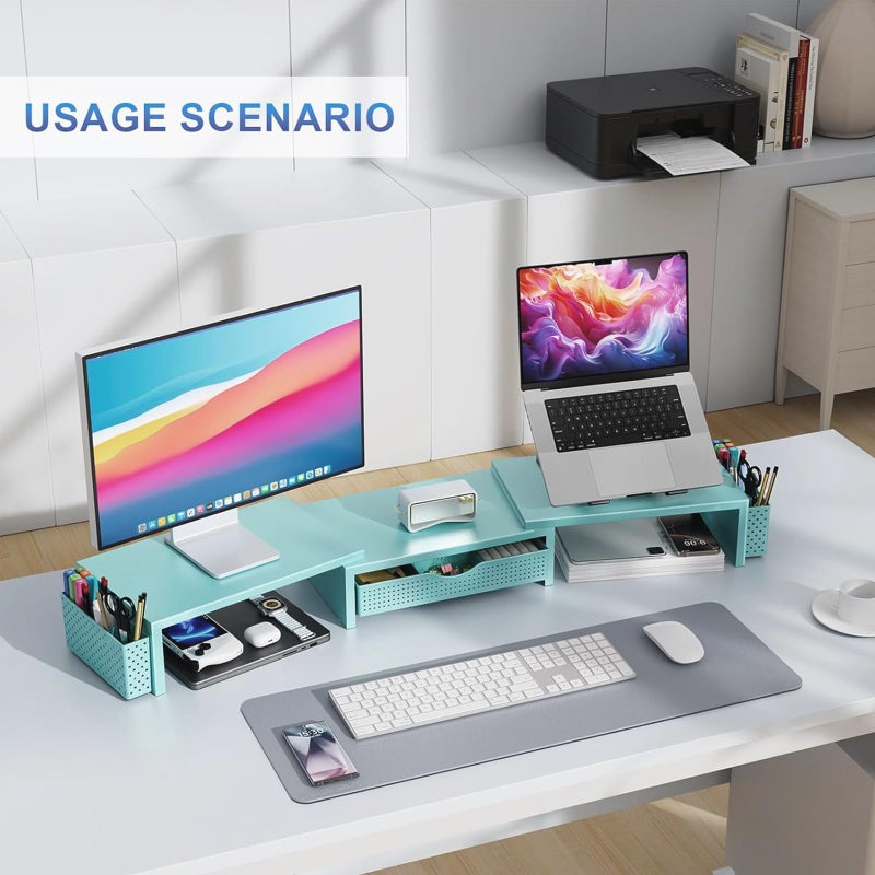 gianotter Dual Monitor Stand Riser, Desk Organizer With Drawer and 2 Pen Holders, Monitor Stand for Desk, Office Decor Essentials (Blue) - Image 5