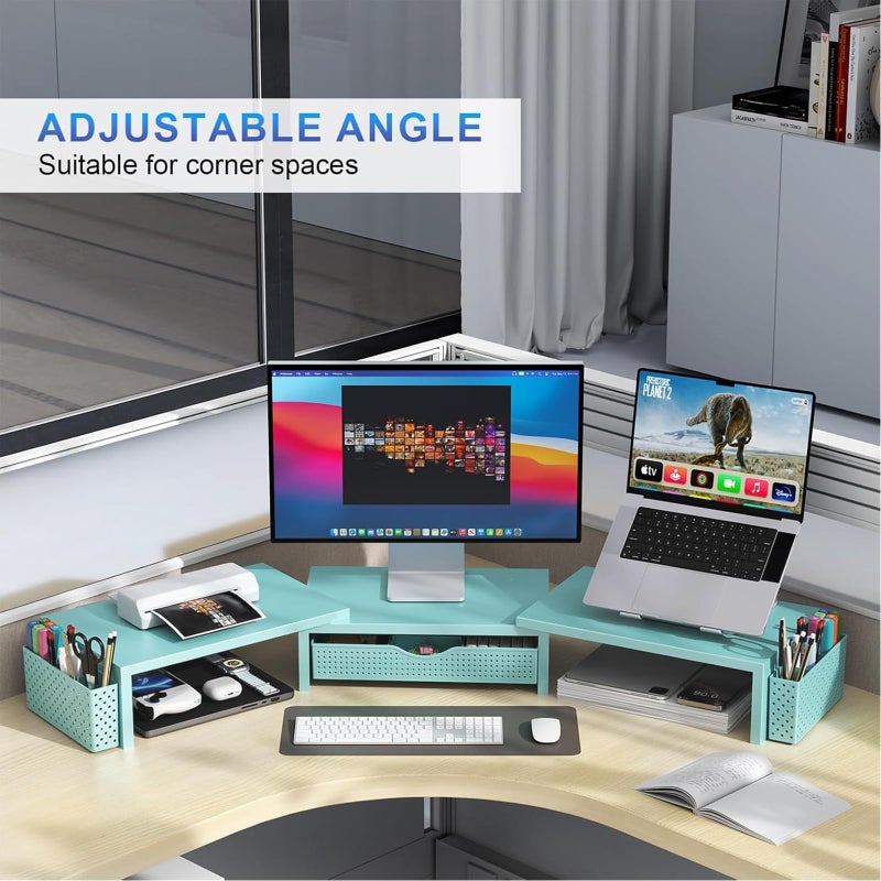 gianotter Dual Monitor Stand Riser, Desk Organizer With Drawer and 2 Pen Holders, Monitor Stand for Desk, Office Decor Essentials (Blue) - Image 3