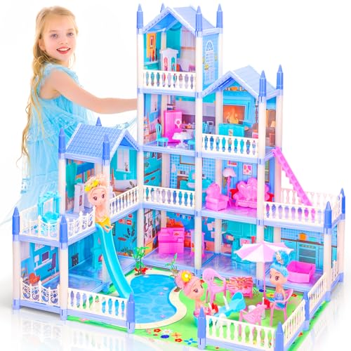 AmiDear Dollhouse with 4Story 11 Rooms Dream Gift Princess Doll House Playset with Furniture Blue Toddler House with Pool Slide for 3 4 5 6 7 8 9 10 Year Old Girls Kids - Image 1