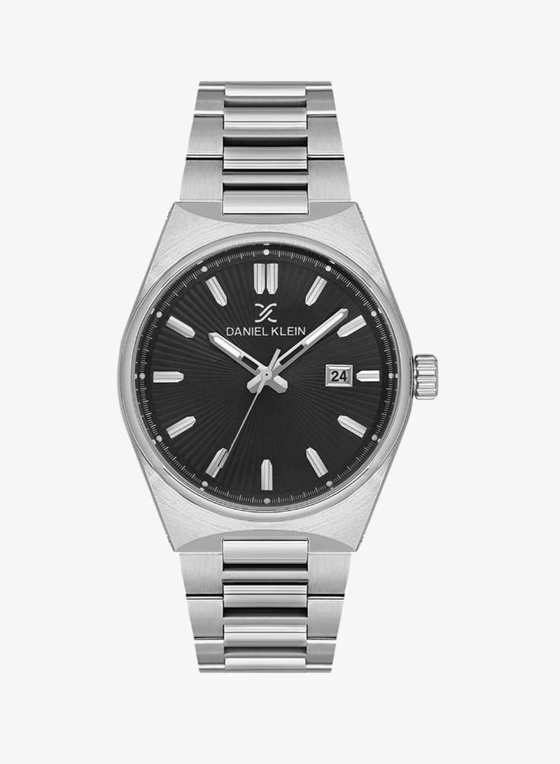 DANIEL KLEIN Men's Stainless Steel Silver Alloy Case Analog Black Round Emboss Dial Japanese Quartz Premium 50 Meters Water Resistant