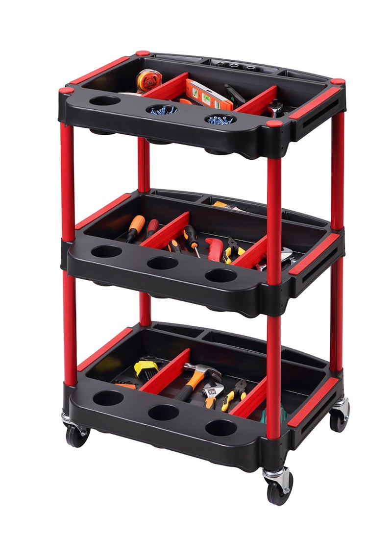 LAWAZIM Tool Cart with Aluminum Pipes -3 Tier Red and Black- Mobile Tool Organizer with Swivel Caster Wheels, Sturdy Shelves, and Dividers -Ideal for Workshop, Garage, DIY Projects, and Industrial Use  - Image 1