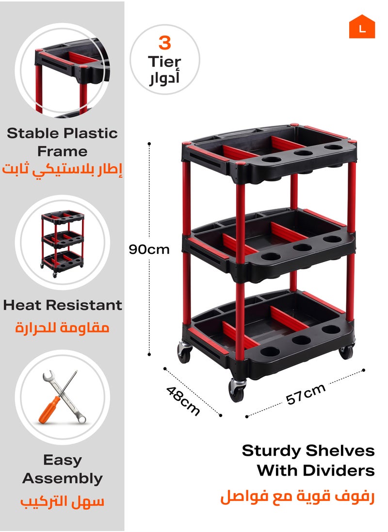 LAWAZIM Tool Cart with Aluminum Pipes -3 Tier Red and Black- Mobile Tool Organizer with Swivel Caster Wheels, Sturdy Shelves, and Dividers -Ideal for Workshop, Garage, DIY Projects, and Industrial Use  - Image 2