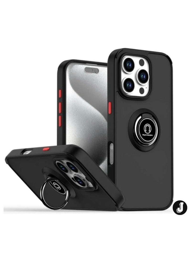 JAJEEK iPhone 16 Pro Max Case Cover – Black Matte Shockproof Bumper with Metal Ring Holder Kickstand & Car Magnetic Mount - Image 1