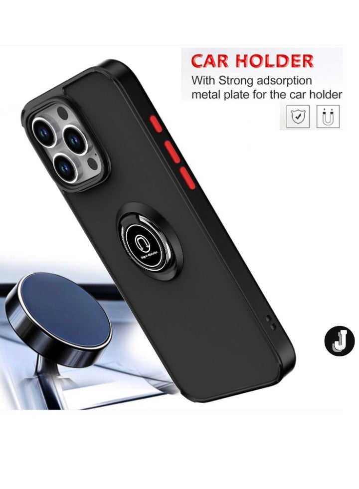 JAJEEK iPhone 16 Pro Max Case Cover – Black Matte Shockproof Bumper with Metal Ring Holder Kickstand & Car Magnetic Mount - Image 3