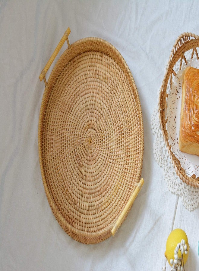 DECRAFTS صينية تقديم مستديرة من الخيزران من DECRAFTS، سلة خبز منسوجة من الخوص بمقابض لحفلات العشاء، طاولة قهوة، إفطار (طبيعي 12.6 بوصة) - Image 2
