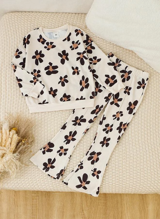 Take Two Take Two Girl's Graphic Print Long Sleeve T-shirt With Flare Pants Set