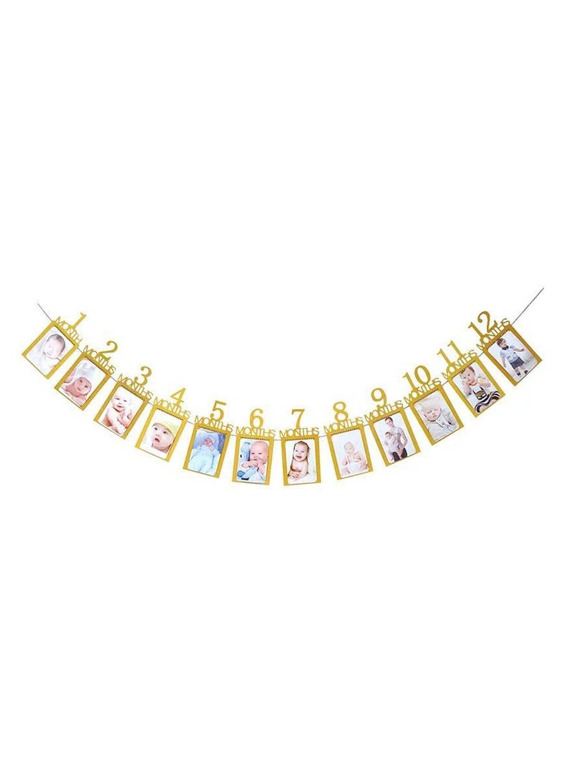 12 Months Photo Frame Banner First Happy Birthday Decorations 1St Baby Boy Girl My 1 One Year Party Supplies  Sparkling  Sparkling  Gold
