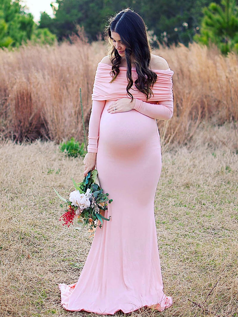 Glampunch Off Shoulders Maternity Dress Long Sleeve Ruched Maternity Gown Baby Shower Photography Pregnant Dress - Image 3