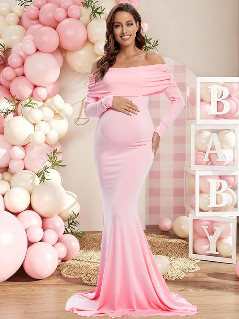 Glampunch Off Shoulders Maternity Dress Long Sleeve Ruched Maternity Gown Baby Shower Photography Pregnant Dress - Image 2