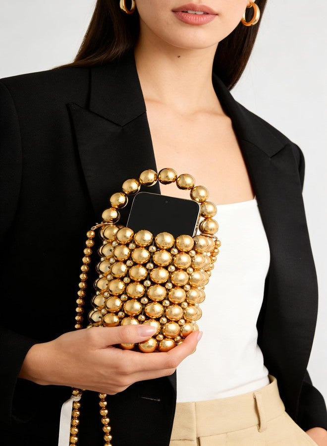 PSQIEDZ7 white pearl Women Beaded crossbody purse Evening Bucket Handmade Bags with DustBag for Wedding Party banquet (Pure Gold) - Image 2