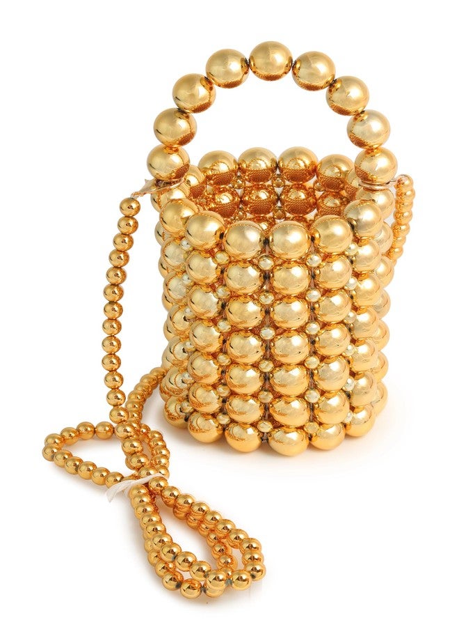 PSQIEDZ7 white pearl Women Beaded crossbody purse Evening Bucket Handmade Bags with DustBag for Wedding Party banquet (Pure Gold) - Image 1