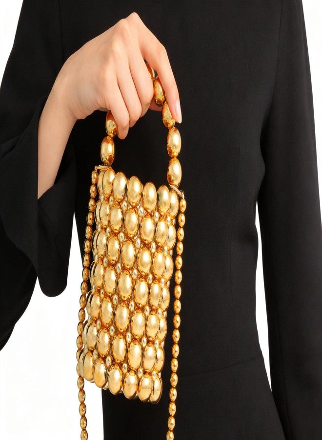 PSQIEDZ7 white pearl Women Beaded crossbody purse Evening Bucket Handmade Bags with DustBag for Wedding Party banquet (Pure Gold) - Image 3