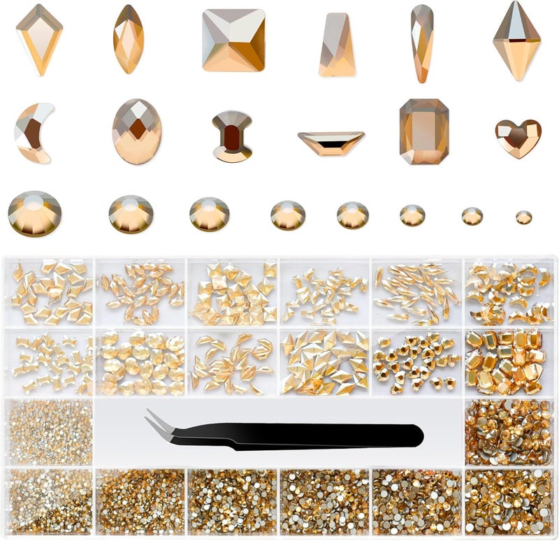 Molisaka Nail Rhinestones Set, Multi Shapes Champagne Gold Rhinestones for Nails, Mixed Size Nail Charms, Flatback Nail Jewels Rhinestones with Wax Pencil and Tweezers, Storage in Rinestones Set Box - Image 1
